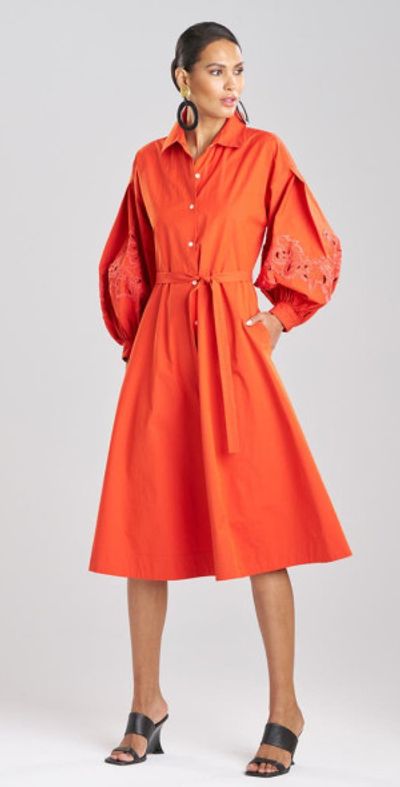 Natori Natori Tech Cotton Taffeta Balloon Sleeve Belted Shirt Dress w/ Embroidery in Orange at Nordstrom, Size 2