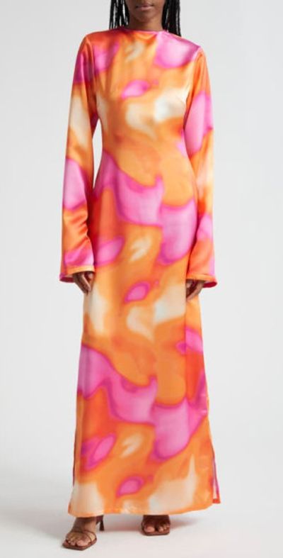 ORIRE - Aqua Print Long Sleeve Maxi Dress in Pink And Orange at Nordstrom