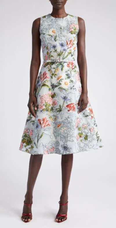Oscar de la Renta Floral Sleeveless Belted Fil Coupé Cocktail