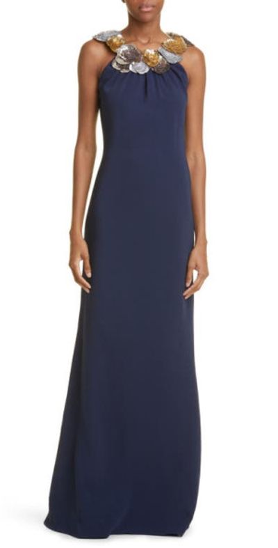 Oscar de la Renta Sequin Peony Neckline Gown in Navy at Nordstrom