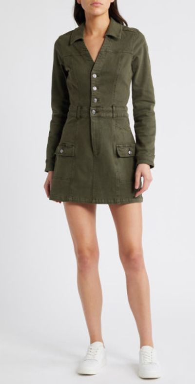 PAIGE Greta Long Sleeve Denim Cargo Dress in Vintage Bayou Green
