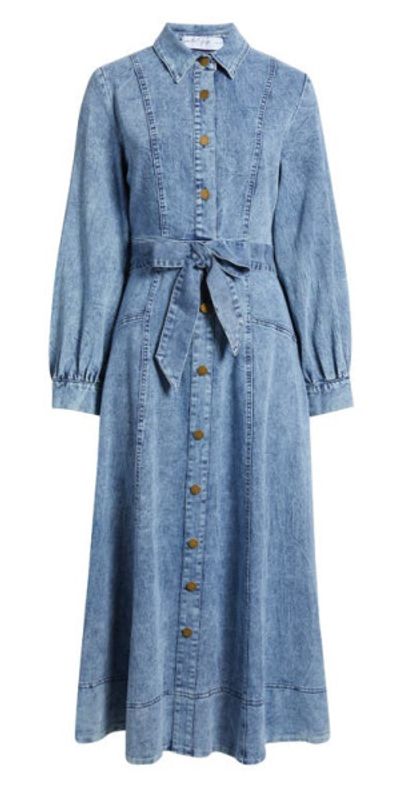 Petal & Pup - Emberly Tie Belt Three-Quarter Sleeve Stretch Denim Maxi Dress at Nordstrom, Size X-Small Petal & Pup - Emberly Tie Belt Three-Quarter Sleeve Stretch Denim Maxi Dress at Nordstrom, Size X-Small