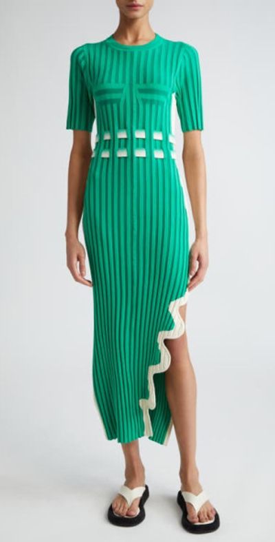 slim fit dress slacks Hatch Collection The Softest Rib Turtleneck Dress in Green main image 0