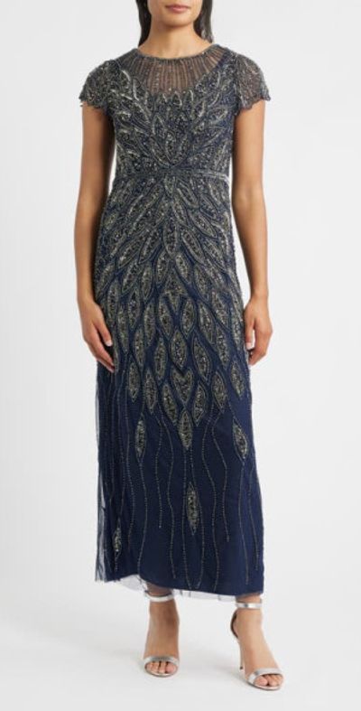 Pisarro Nights Pisarro Nights Beaded Cap Sleeve Column Gown in Navy at Nordstrom, Size 2