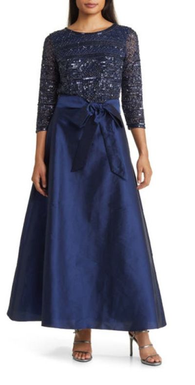 pisarro nights navy beaded dress Pisarro Nights Beaded Blouson Split Sleeve Gown In Navy