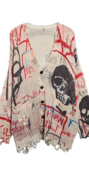トップス UNUSED 3G Cardigan R13 - Distressed Oversize Skull Graffiti Print Cardigan at