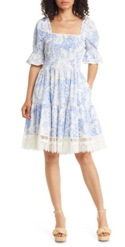 Rachel Parcell Floral Print Lace Puff Sleeve Cotton Dress in