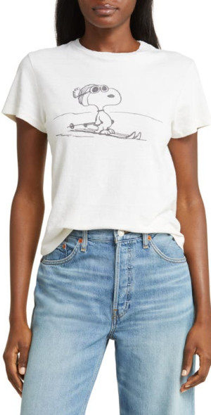 “RE DONE” Snoopy Ski Tシャツ VintageIvory RE/DONE RINGER SKIING SNOOPY TEE - VINTAGE IVORY/MIDNIGHT