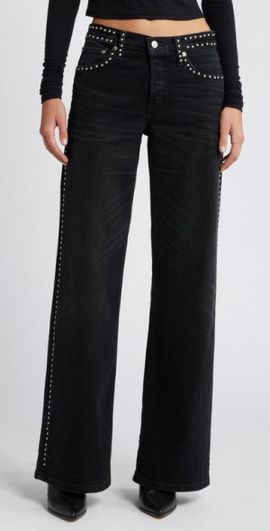 Re/Done Re/Done Studded Wide Leg Jeans in Crafted Black Stud at Nordstrom, Size 28