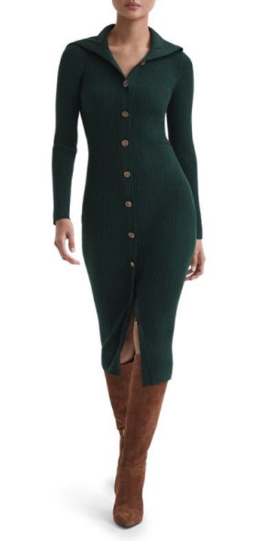 Reiss Maria Long Sleeve Rib Maxi Dress in Green