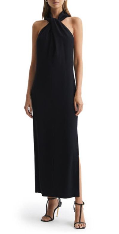 black dress reiss Black Jersey Column Gown With 3D Flower Embellishments main image 1