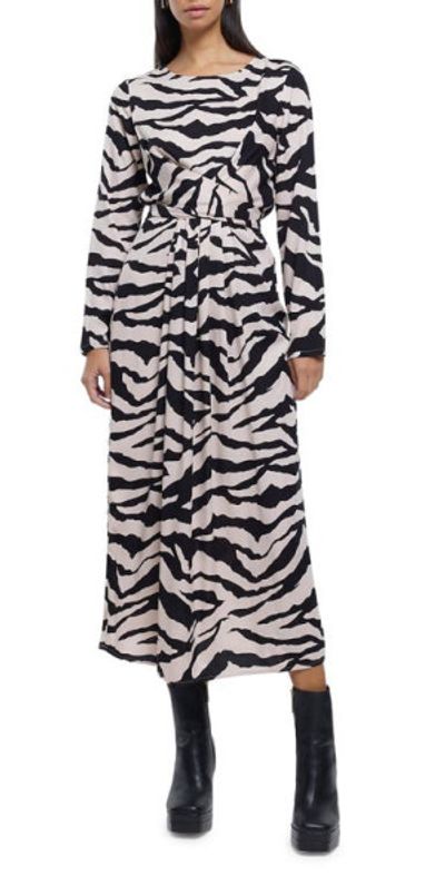 River Island Zebra Print Tie Back Long Sleeve Dress in Beige at
