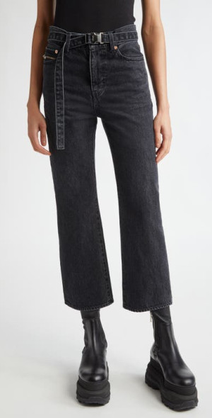 Sacai - Belted Crop Bootcut Jeans in Black at Nordstrom, Size 0