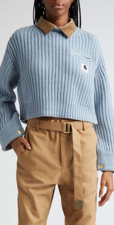 Sacai Carhartt WIP Wool Blend Crop Sweater in Light Blue