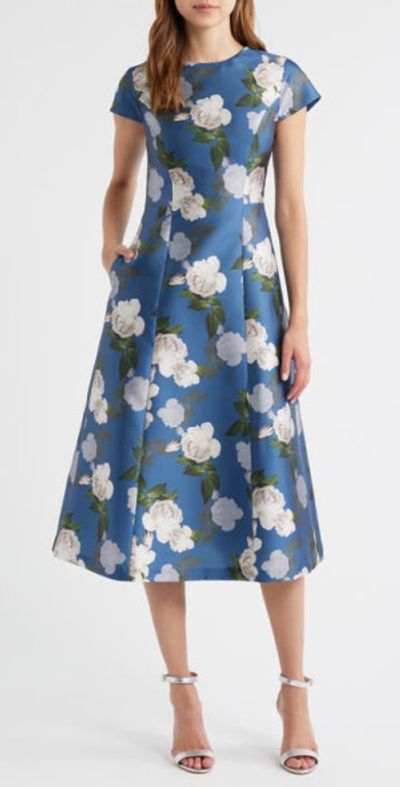 Sachin Babi Jackie Floral Print Satin Cocktail Dress in Steel