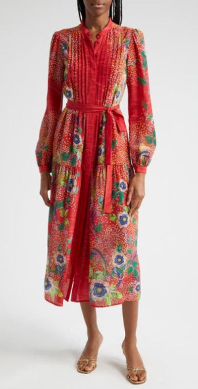 SALONI Remi Long Sleeve Silk Dress in 1769-Meadow Dianthus Plmt