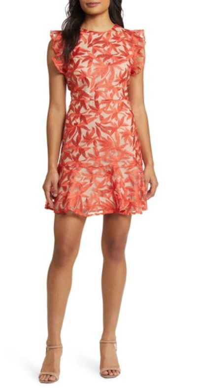 Sam Edelman - Leaf Embroidered Ruffle Minidress in Coral Sam Edelman - Leaf Embroidered Ruffle Minidress in Coral