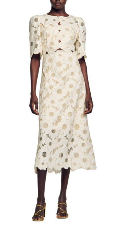 sandro gold dress Palma Fine-knit midi dress with openwork design yellow