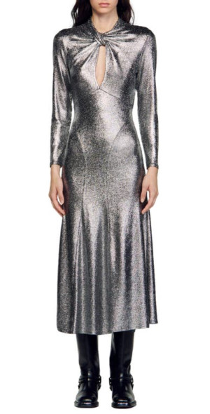 Midi Dress Silver Metallic Long Sleeve Dress Sandro Hanna Metallic