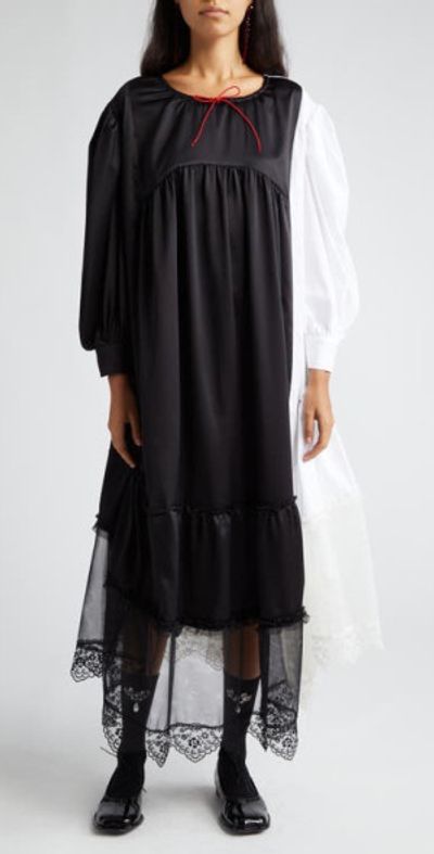 Simone Rocha - Colorblock Long Sleeve Lace Trim Tiered Satin Babydoll Dress  in Black/White at Nordstrom