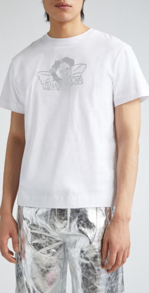 Simone Rocha - Metallic Angel Baby Graphic T-Shirt in White/Silver