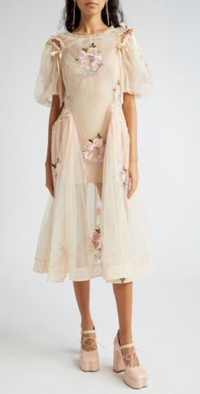 Simone Rocha Puff Sleeve Ruched Bite Embroidered Tulle Midi
