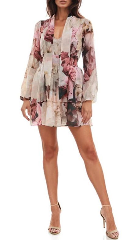 Socialite Floral Print Tiered Long Sleeve Minidress in Mauve