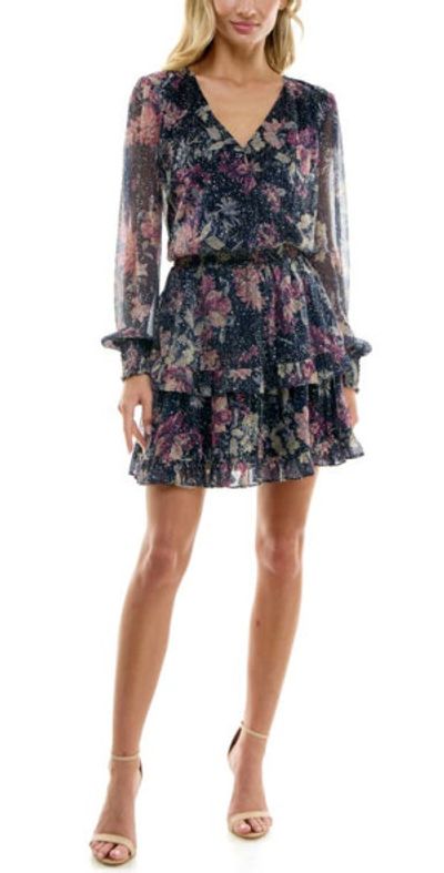 Socialite Floral Sparkle Long Sleeve Minidress in Multi Sparkle