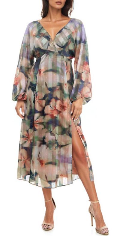 Socialite Metallic Mixed Print Long Sleeve Midi Dress in Olive