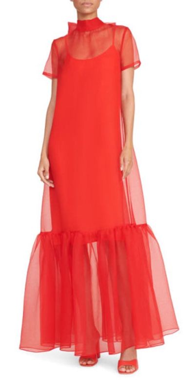 STAUD - Calluna Ruffle Hem Organza Gown in Red Rose