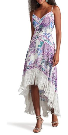 Tadashi Shoji Tadashi Shoji Scarf Print Fringe Detail High-Low Cocktail Dress in White/Purple Floral at Nordstrom, Size 2