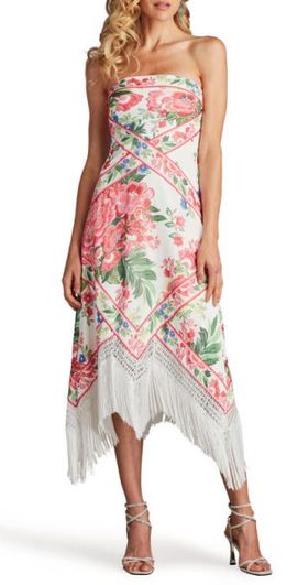 Tadashi Shoji Tadashi Shoji Scarf Print Fringe Detail Strapless Cocktail Midi Dress in White/Fuchsia Floral at Nordstrom, Size 2