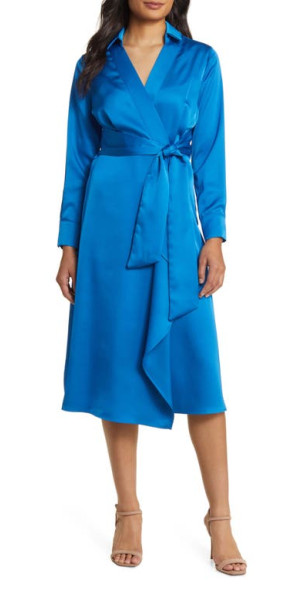 TAHARI ASL Long Sleeve Faux Wrap Dress With Tie Waist