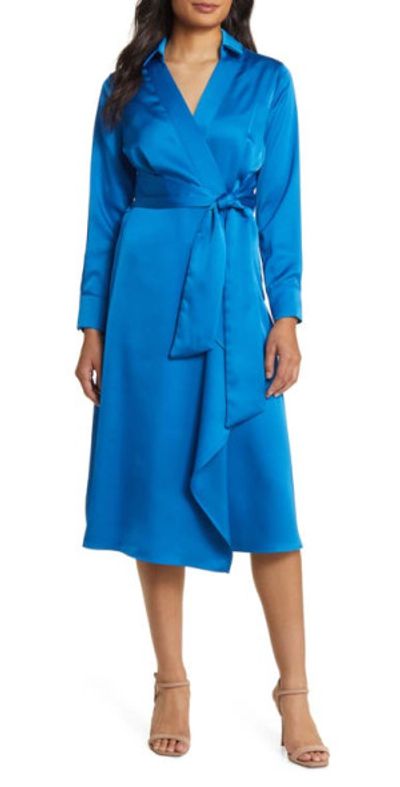 Tahari ASL Tahari ASL Long Sleeve Satin Faux Wrap Midi Shirtdress in French Blue