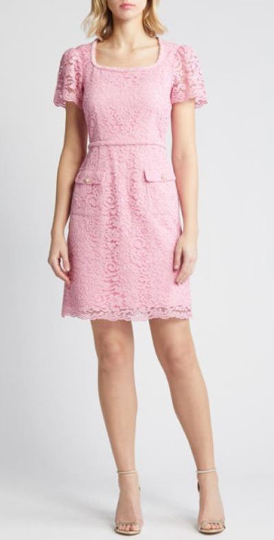 Tahari ASL Short Sleeve Lace A-Line Dress in Pink Macaroon at