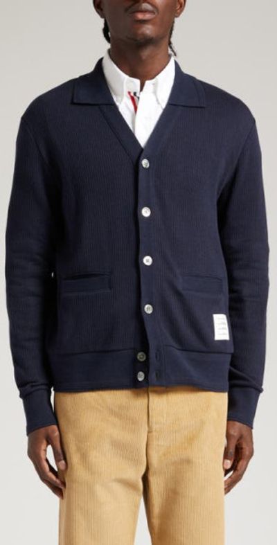 Thom Browne Johnny Collar Cotton Rib Cardigan in Navy at Nordstrom
