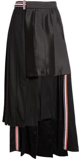 Thom Browne Thom Browne Pleated Asymmetric Mixed Media Wrap Skirt in Black at Nordstrom, Size 4 Us