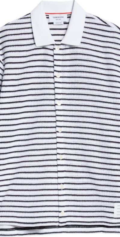 Thom Browne Thom Browne Stripe Short Sleeve Cotton Knit Button-Up Shirt in Navy at Nordstrom, Size 2
