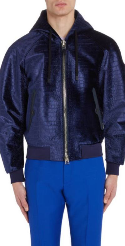 TOM FORD - Croc Embossed Velvet Hooded Bomber Jacket in Midnight