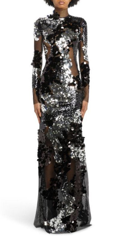 black and silver sequin long sleeve dress Dixie V-Neck Long Sleeve Sequin Top Waistband with Bow Gown