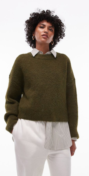 Topshop Fluffy Crewneck Sweater in Khaki at Nordstrom Size X Small