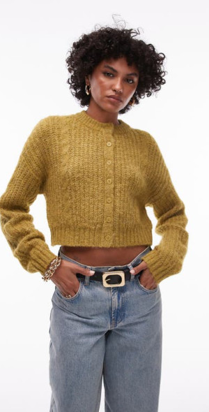 Topshop Fluffy Crop Cardigan in Light Green at Nordstrom Size X Small