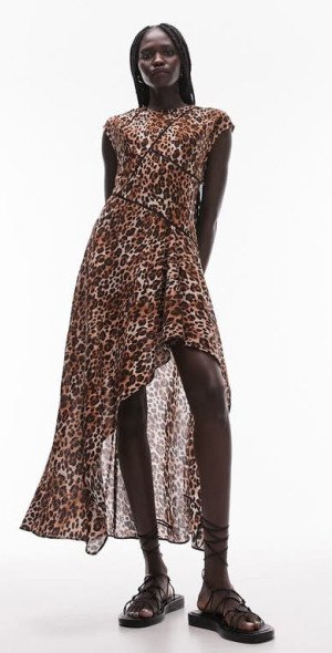 Topshop Leopard Print Ladder Trim High Low Dress in Brown Multi at Nordstrom