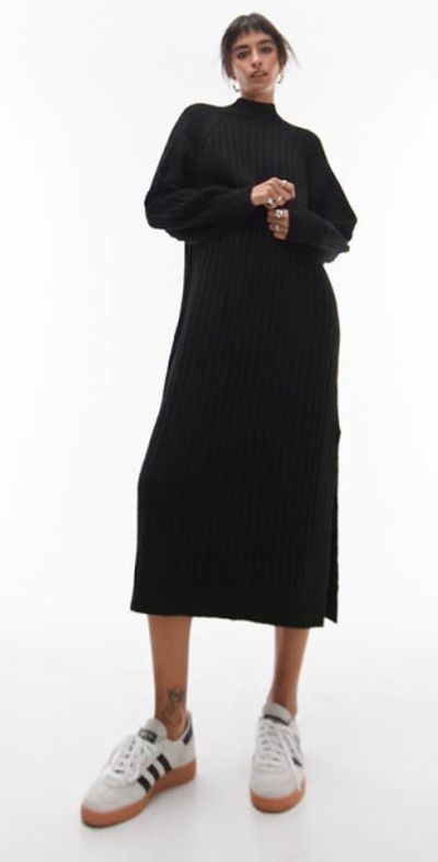 Topshop Mock Neck Long Sleeve Wide Rib Midi Sweater Dress in Black