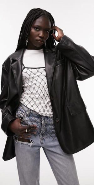 Topshop Oversize Faux Leather Blazer in Black at Nordstrom