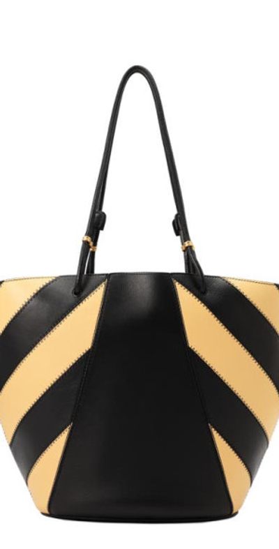 Tory Burch Tory Burch Spaghetti Strap Stripe Leather Tote in Warm Butter /Black