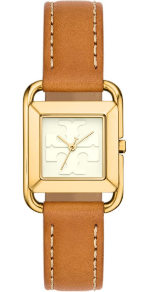 Tory Burch The Miller Square Leather Strap Watch 24mm in Ivory gold cammello at Nordstrom