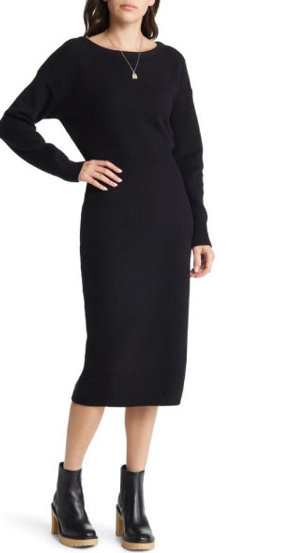 black midi sweater dress Midi Sweater Dress with Removable Faux Fur Collar and Cuffs main image 0