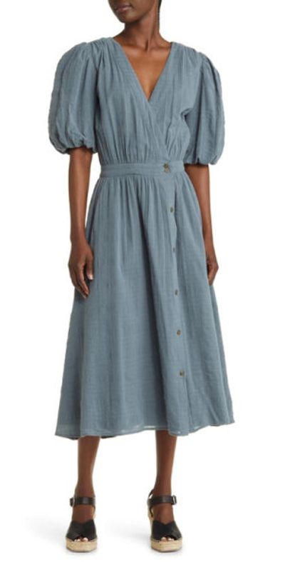 Treasure & Bond - Puff Sleeve Cotton Wrap Dress in Blue Weather at Nordstrom Treasure & Bond - Puff Sleeve Cotton Wrap Dress in Blue Weather at Nordstrom