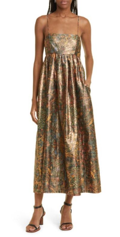 knee length dresses for ladies Manet Gown with Gathered Seams - Gold Leaf Metallic Gold Tiered Gown
